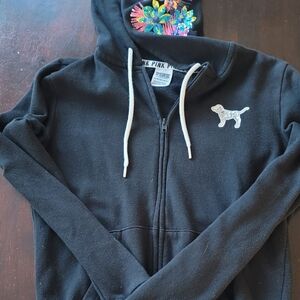 PINK Victoria's Secret Black Zip Hoodie with White Drawstrings and Dog Patch